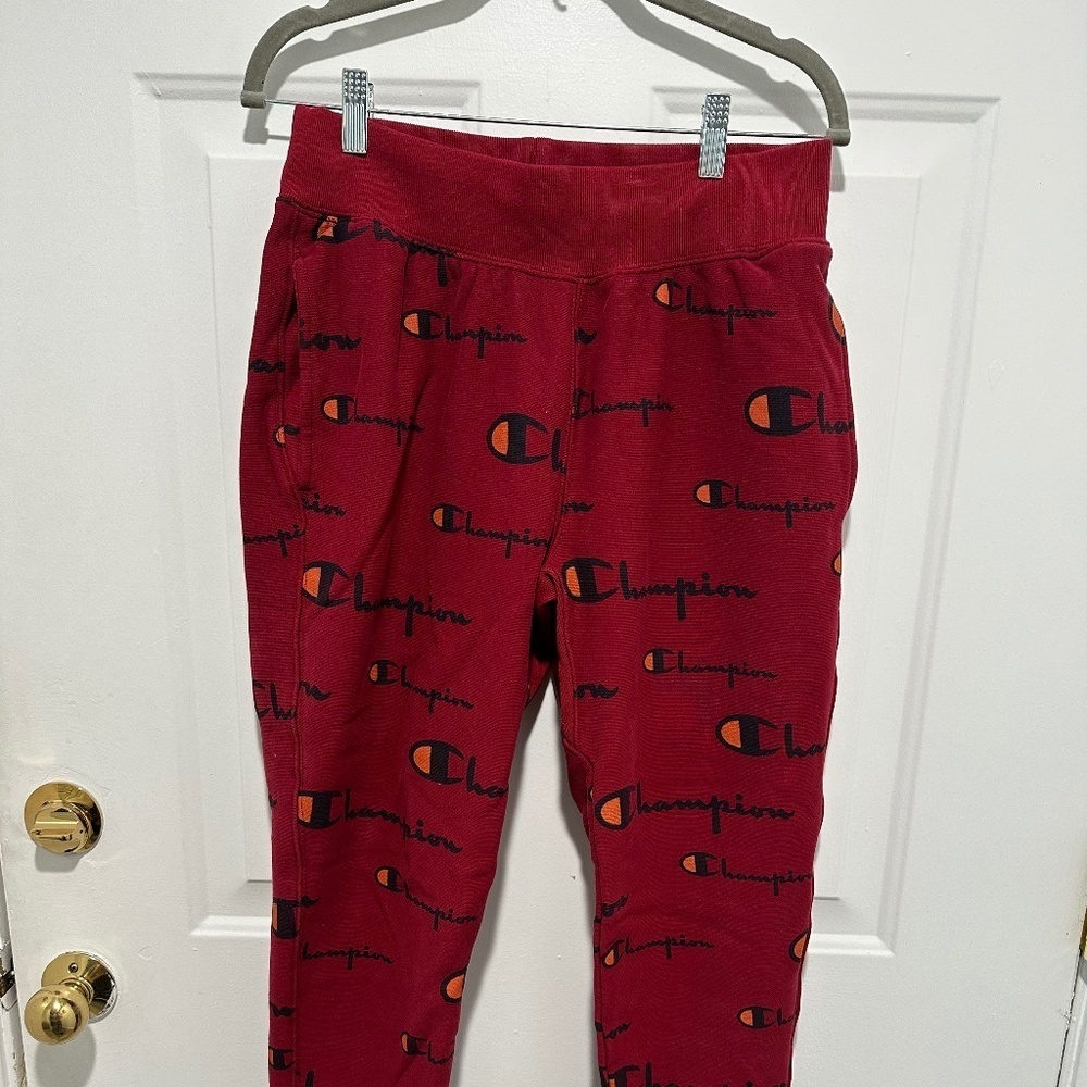 Vintage Champion Reverse Weave Joggers - Red All-Over Logo Print (Size Medium)